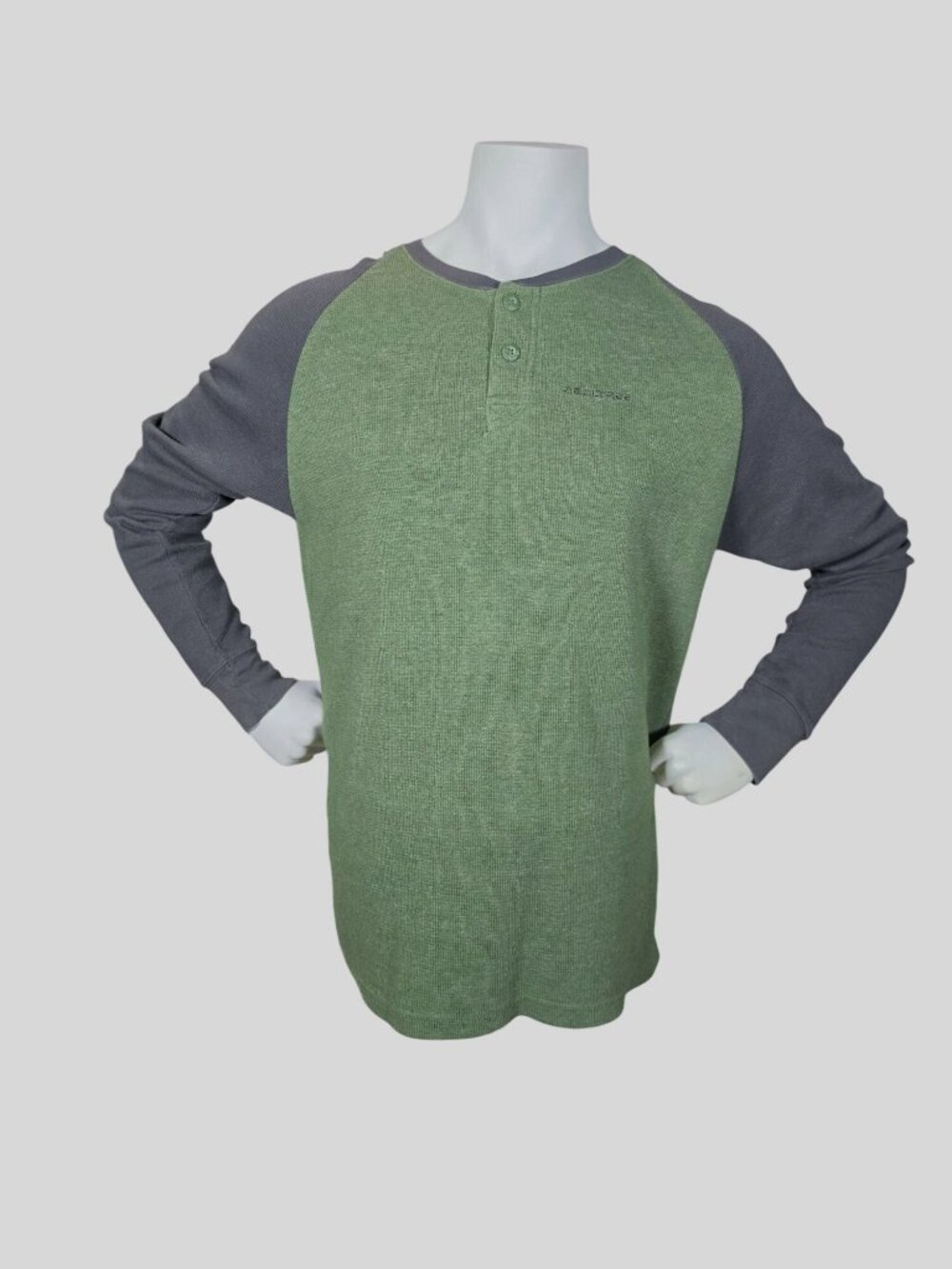 Realtree Men L Waffle Knit Thermal Henley Shirt Colorblock Olive Green Gray